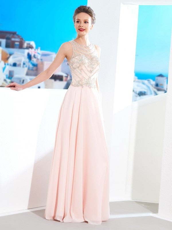 A-Line/Princess Scoop Sleeveless Chiffon Crystal Floor-length Dresses DFP0002536