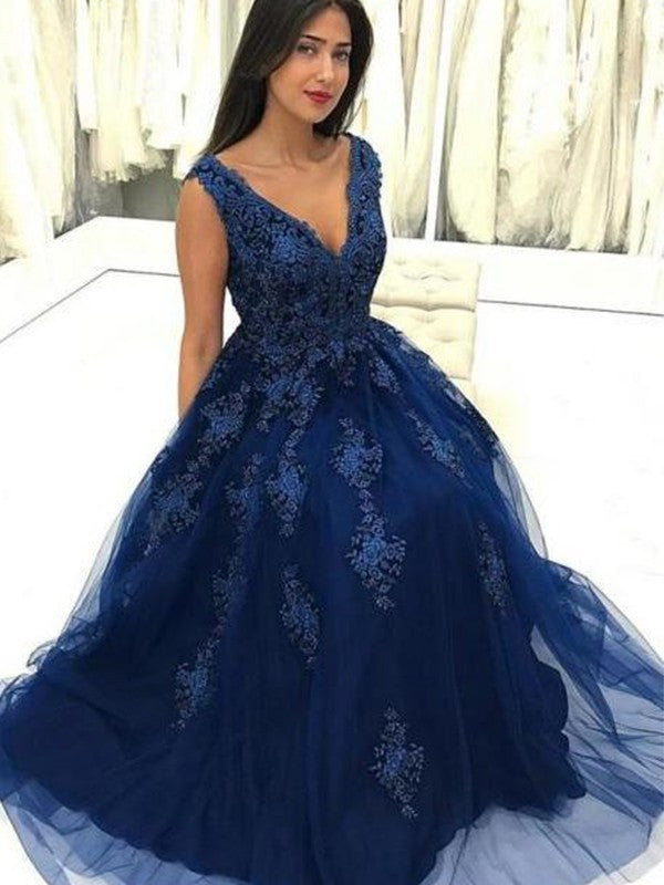 A-Line/Princess V-neck Sleeveless Floor-Length Beading Tulle Dresses DFP0003179