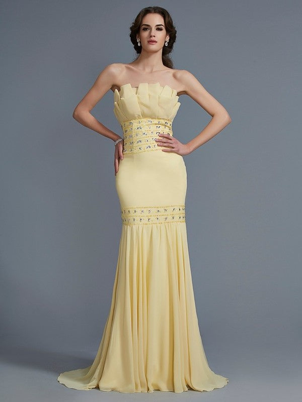 Trumpet/Mermaid Strapless Sleeveless Beading Long Chiffon Dresses DFP0003169