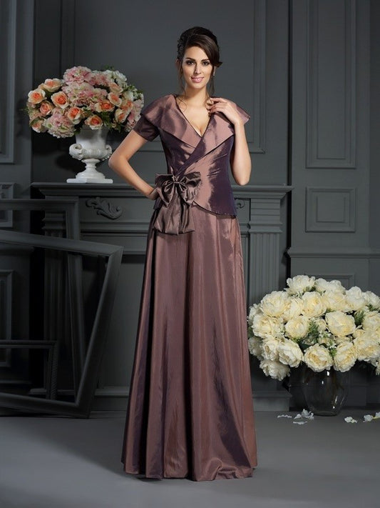 A-Line/Princess V-neck Bowknot Short Sleeves Long Taffeta Mother of the Bride Dresses DFP0007062