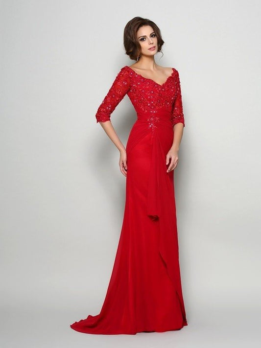 A-Line/Princess V-neck Beading 1/2 Sleeves Applique Long Chiffon Mother of the Bride Dresses DFP0007132