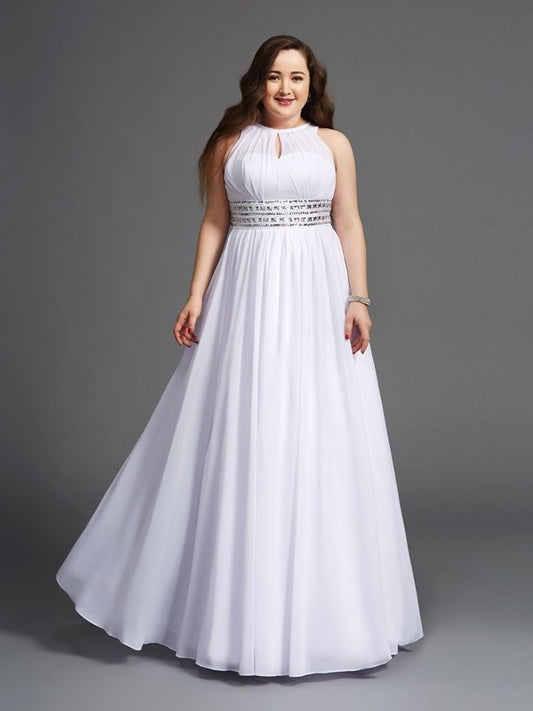 A-Line/Princess Jewel Beading Sleeveless Long Chiffon Plus Size Dresses DFP0002515