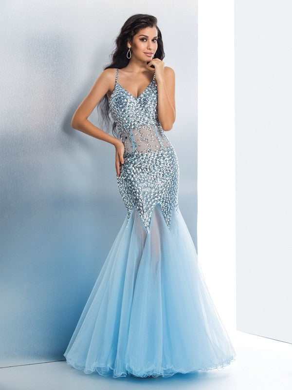 Trumpet/Mermaid Spaghetti Straps Sequin Sleeveless Long Tulle Dresses DFP0002358