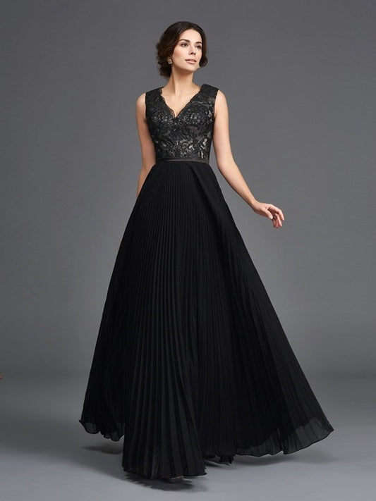 A-Line/Princess V-neck Lace Sleeveless Long Chiffon Mother of the Bride Dresses DFP0007265