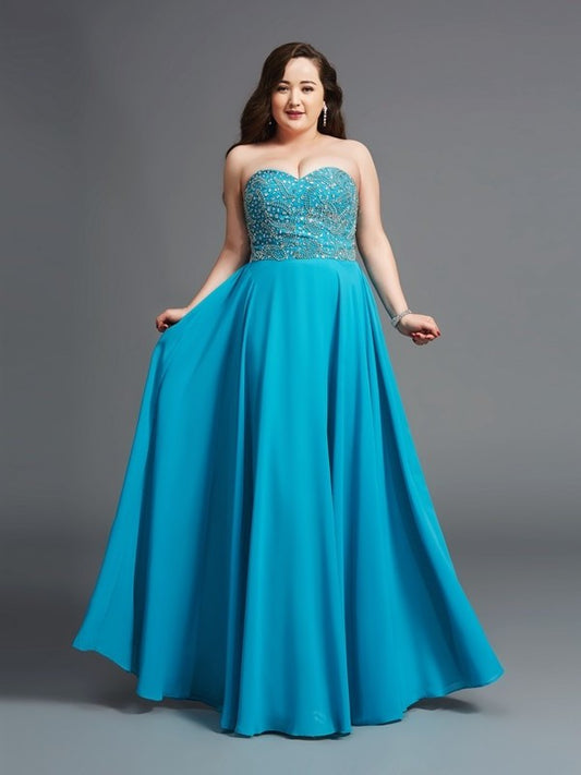 A-Line/Princess Sweetheart Beading Sleeveless Long Chiffon Plus Size Dresses DFP0004069