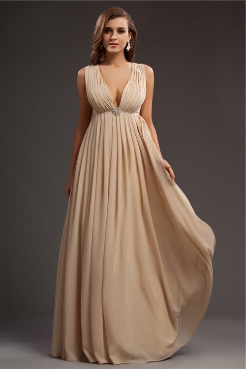 A-Line/Princess V-neck Sleeveless Beading Long Chiffon Dresses DFP0002792