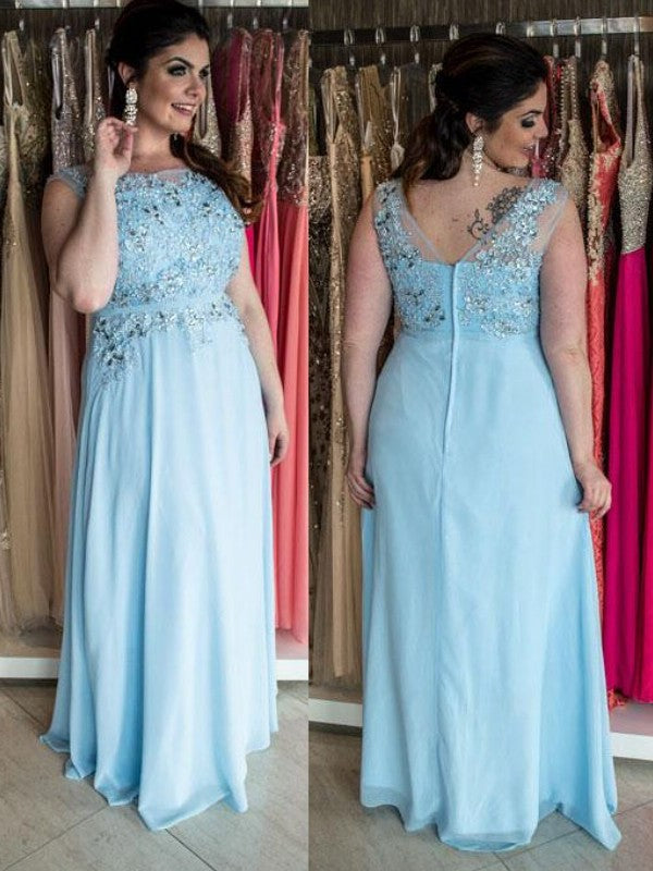 A-Line/Princess Bateau Sleeveless Beading Floor-Length Chiffon Plus Size Dresses DFP0003637