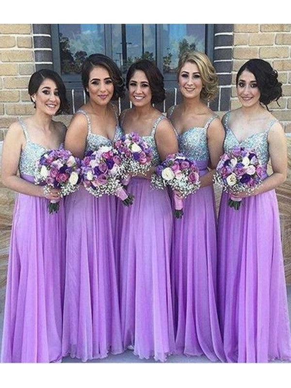 A-Line/Princess Sleeveless Sweetheart Floor-Length Sequin Chiffon Bridesmaid Dresses DFP0005026