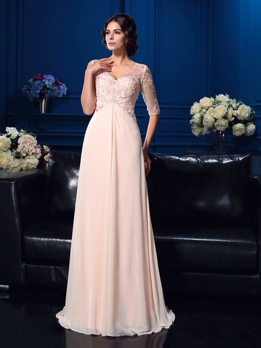 A-Line/Princess V-neck Beading 1/2 Sleeves Long Chiffon Mother of the Bride Dresses DFP0007115