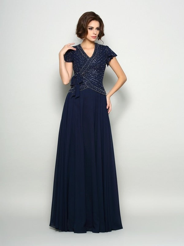 A-Line/Princess V-neck Beading Short Sleeves Long Chiffon Mother of the Bride Dresses DFP0007281