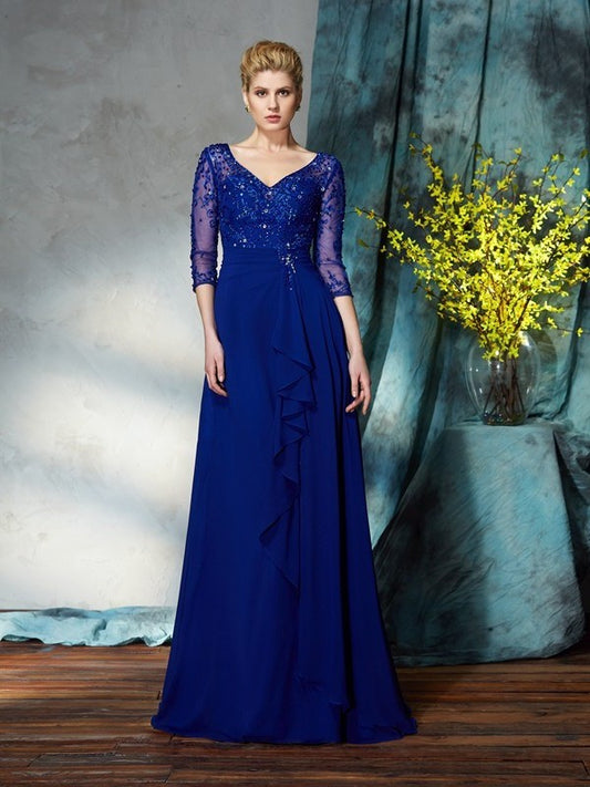 A-Line/Princess V-neck Sequin 3/4 Sleeves Long Chiffon Mother of the Bride Dresses DFP0007197