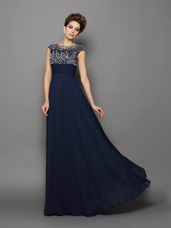 A-Line/Princess Scoop Beading Short Sleeves Long Chiffon Dresses DFP0002864