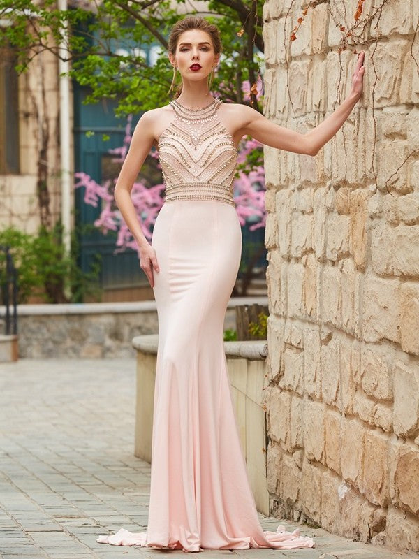 Sheath/Column Scoop Sleeveless Sweep/Brush Train Beading Spandex Dresses DFP0002857