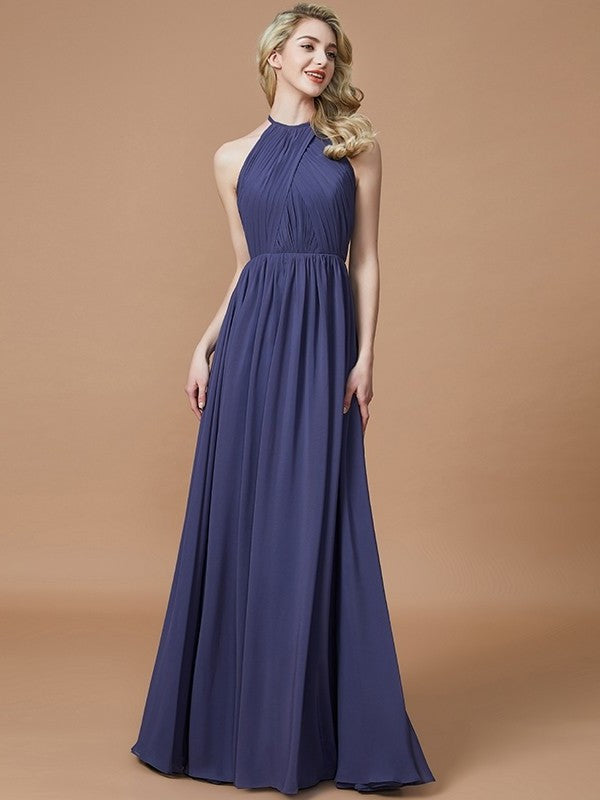 A-Line/Princess Scoop Chiffon Sleeveless Floor-Length Bridesmaid Dresses DFP0005455