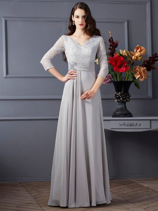 A-Line/Princess V-neck 3/4 Sleeves Applique Long Chiffon Mother of the Bride Dresses DFP0007309