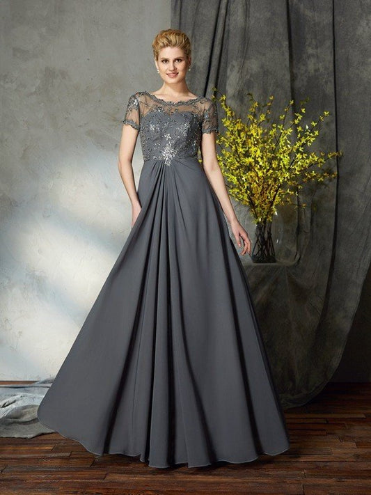 A-Line/Princess Scoop Applique Short Sleeves Long Chiffon Mother of the Bride Dresses DFP0007108