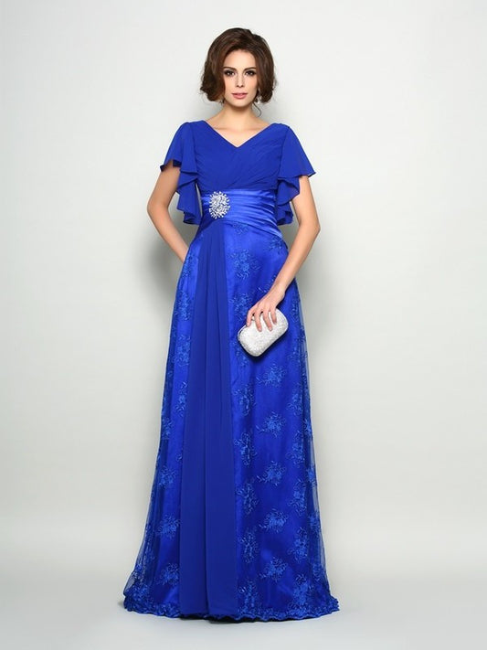 A-Line/Princess V-neck Applique Short Sleeves Long Chiffon Mother of the Bride Dresses DFP0007378