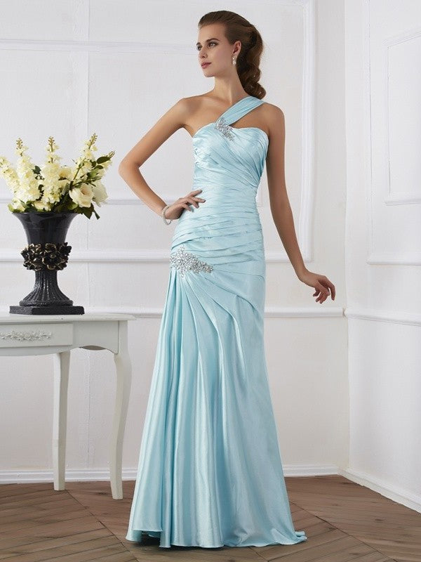 Trumpet/Mermaid One-Shoulder Sleeveless Ruched Long Elastic Woven Satin Dresses DFP0002849