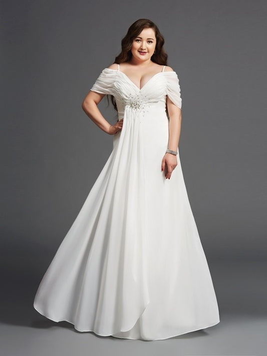 A-Line/Princess Off-the-Shoulder Ruched Short Sleeves Long Chiffon Plus Size Dresses DFP0001920