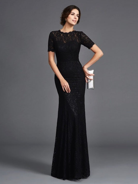 Sheath/Column Jewel Lace Short Sleeves Long Elastic Woven Satin Mother of the Bride Dresses DFP0007142