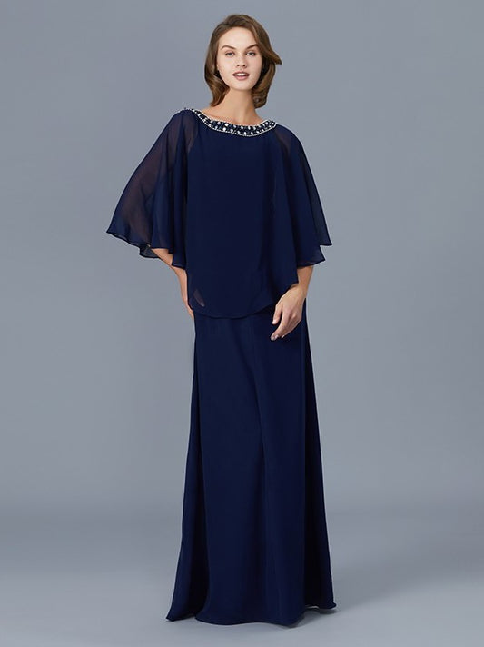 Sheath/Column Scoop Beading Long Sleeves Chiffon Floor-Length Mother of the Bride Dresses DFP0007372