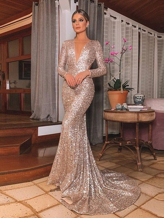 Trumpet/Mermaid Sequins Long Sleeves V-neck Sweep/Brush Train Ruffles Dresses DFP0001376