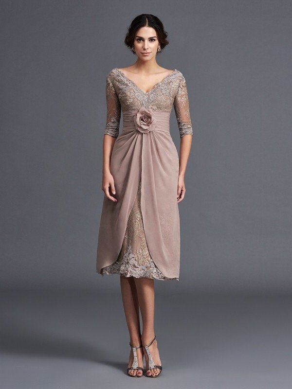 A-Line/Princess V-neck Hand-Made Flower 1/2 Sleeves Short Lace Mother of the Bride Dresses DFP0007039