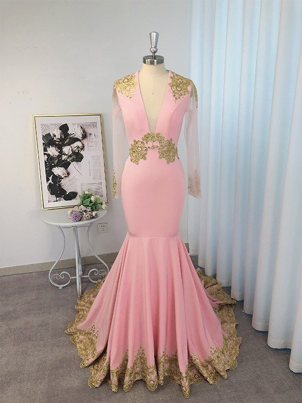 Trumpet/Mermaid Silk like Satin Applique Long Sleeves V-neck Sweep/Brush Train Dresses DFP0004370