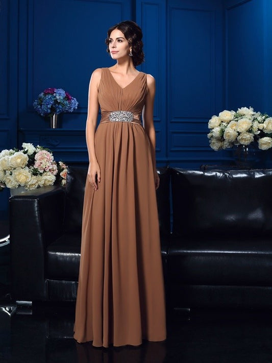 A-Line/Princess V-neck Pleats Sleeveless Long Chiffon Mother of the Bride Dresses DFP0007310