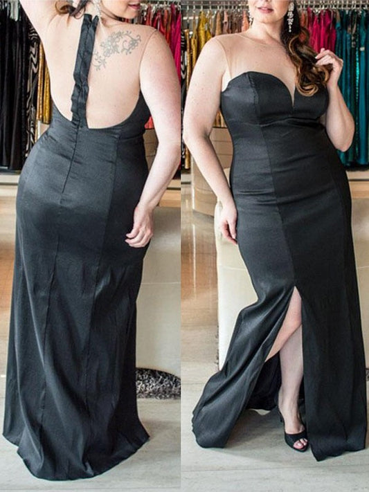 Sheath/Column Sweetheart Sleeveless Ruched Floor-Length Elastic Woven Satin Plus Size Dresses DFP0004247