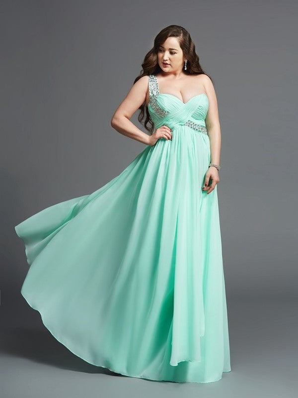 A-Line/Princess One-Shoulder Rhinestone Sleeveless Long Chiffon Plus Size Dresses DFP0003742