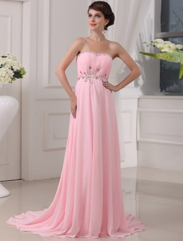 A-Line/Princess Beading Sleeveless Strapless Long Chiffon Dresses DFP0004394