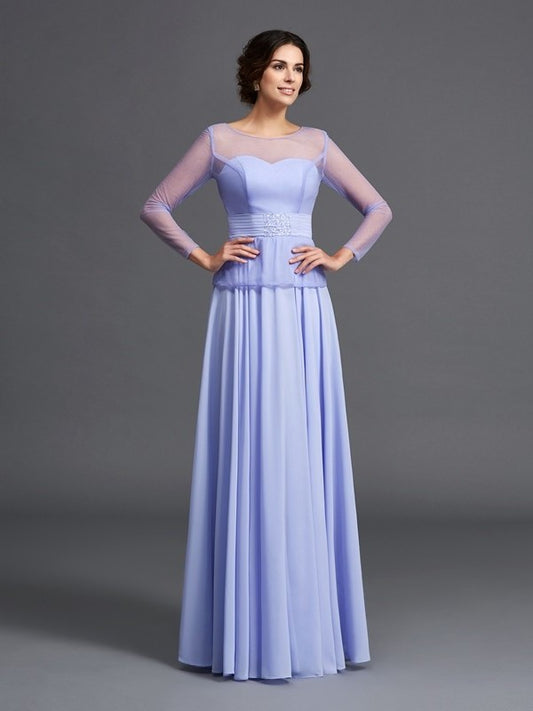 A-Line/Princess Scoop Ruffles Long Sleeves Long Chiffon Mother of the Bride Dresses DFP0007445