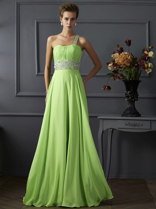 A-Line/Princess Sleeveless Beading One-Shoulder Chiffon Long Dresses DFP0003900