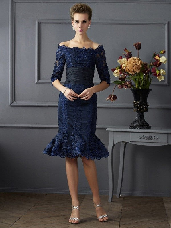 Sheath/Column Off the Shoulder 3/4 Sleeves Short Taffeta Mother of the Bride Dresses DFP0007318