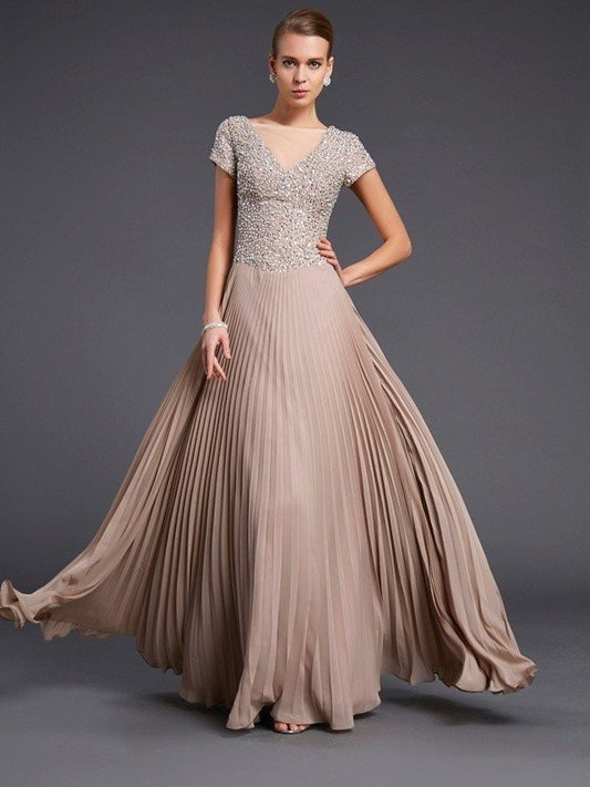 A-Line/Princess V-neck Short Sleeves Beading Long Chiffon Mother of the Bride Dresses DFP0007126