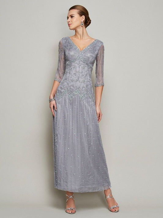 Sheath/Column V-neck 1/2 Sleeves Beading Long Elastic Woven Satin Mother of the Bride Dresses DFP0007080