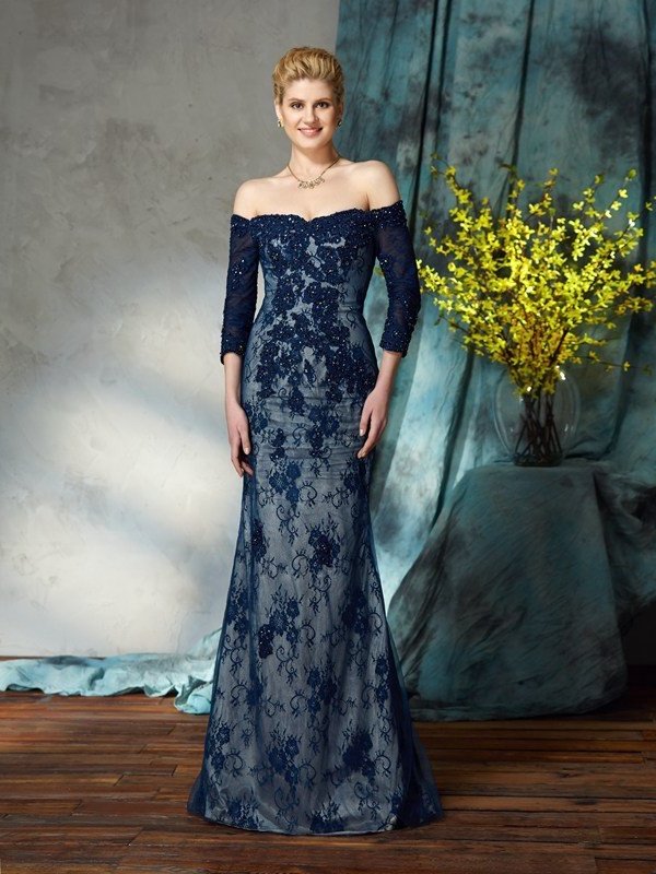 Trumpet/Mermaid Off-the-Shoulder Lace 3/4 Sleeves Long Lace Mother of the Bride Dresses DFP0007206