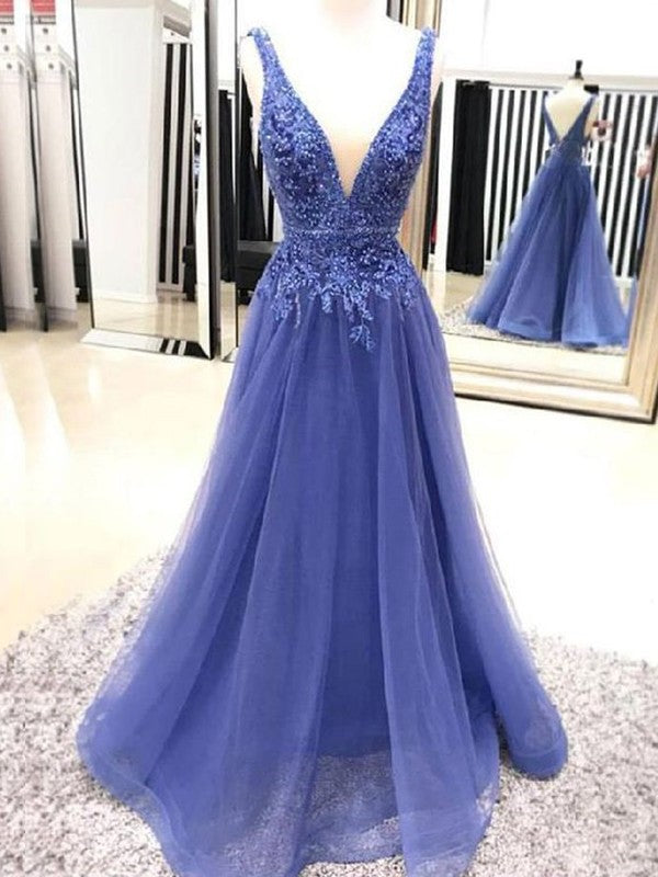 A-Line/Princess V-neck Sleeveless Floor-Length Applique Tulle Dresses DFP0002594