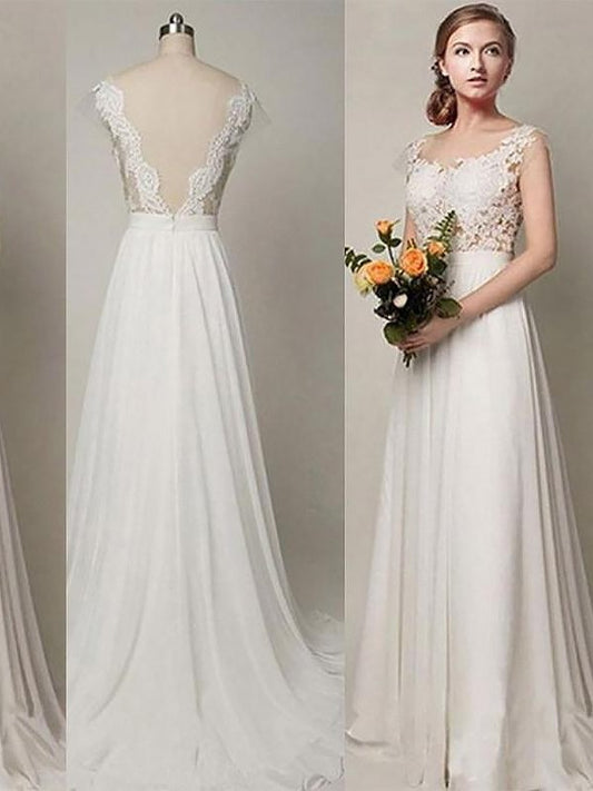 A-Line/Princess Chiffon Scoop Sleeveless Sweep/Brush Train Wedding Dresses DFP0006299