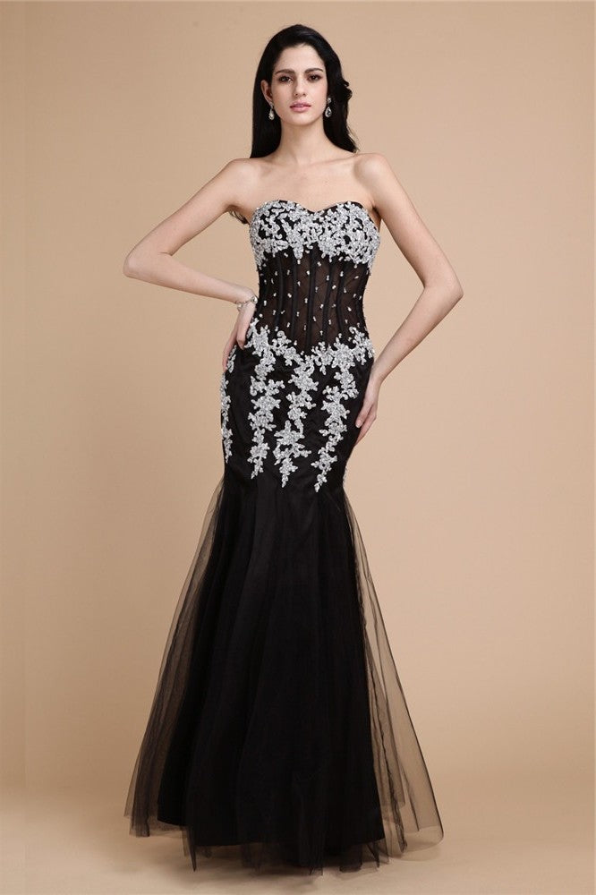 Trumpet/Mermaid Sweetheart Sleeveless Beading Applique Long Net Satin Dresses DFP0004330