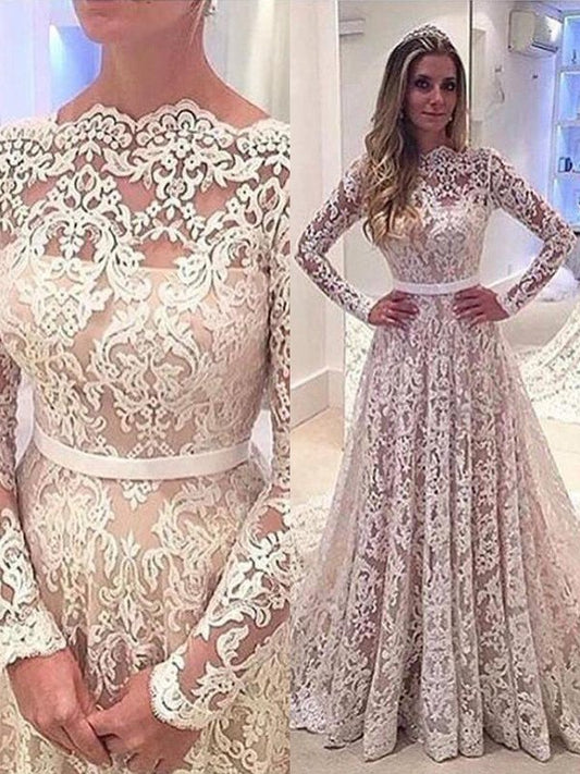 A-Line/Princess Bateau Long Sleeves Lace Court Train Wedding Dresses DFP0006173