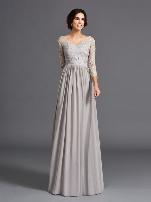 A-Line/Princess V-neck Ruffles 3/4 Sleeves Long Chiffon Mother of the Bride Dresses DFP0007308