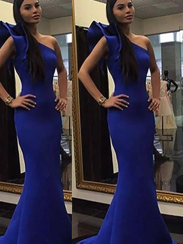 Trumpet/Mermaid Sleeveless One-Shoulder Ruffles Sweep/Brush Train Stretch Crepe Dresses DFP0002185