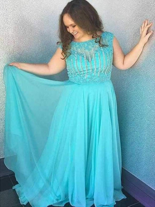 A-Line/Princess Bateau Sleeveless Beading Sweep/Brush Train Chiffon Plus Size Dresses DFP0003646