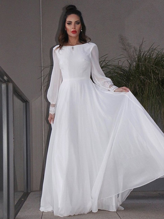 A-Line/Princess Chiffon Ruffles Long Sleeves Scoop Sweep/Brush Train Wedding Dresses DFP0006511