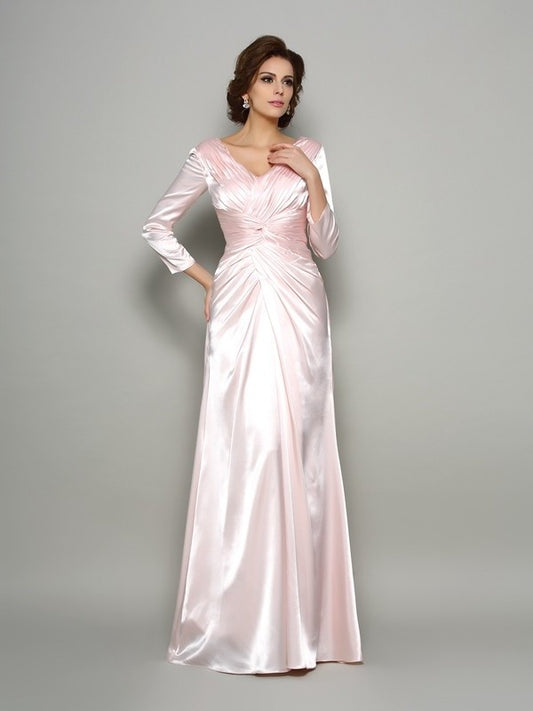 A-Line/Princess V-neck Ruched Long Sleeves Long Silk like Satin Mother of the Bride Dresses DFP0007340