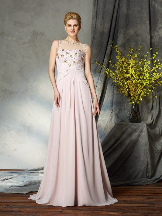 A-Line/Princess Bateau Applique Sleeveless Long Chiffon Mother of the Bride Dresses DFP0007443