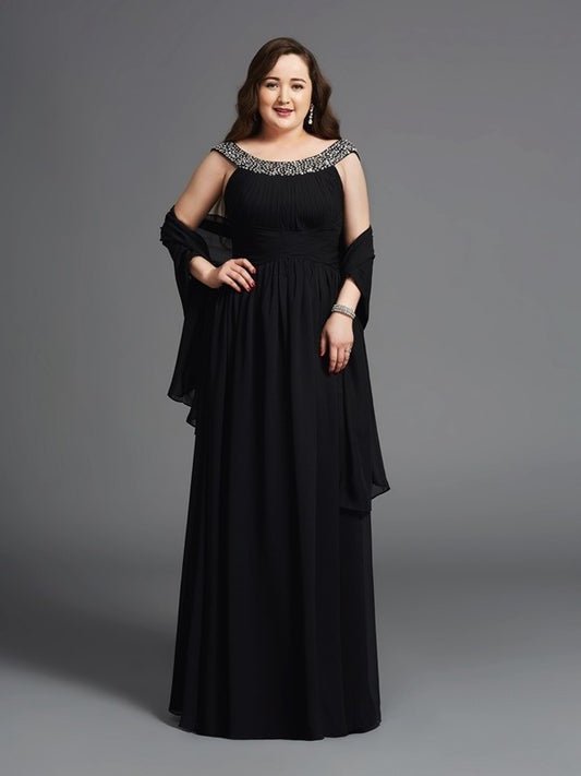 A-Line/Princess Scoop Rhinestone Sleeveless Long Chiffon Plus Size Dresses DFP0002963