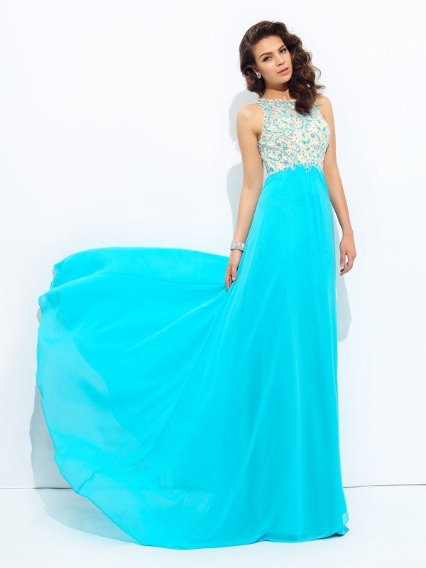 A-line/Princess Scoop Beading Sleeveless Long Chiffon Dresses DFP0003077